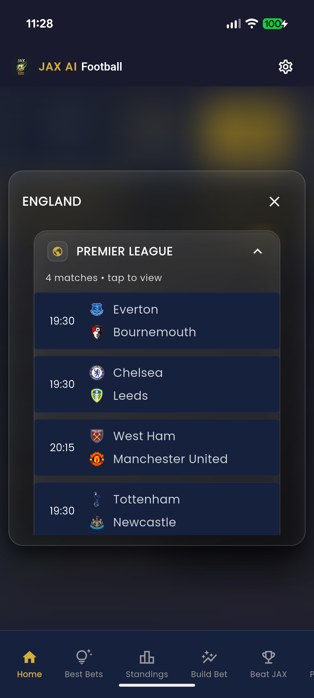JAX AI Home Feed — daily football matches across 75+ leagues